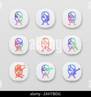 Neurotoxin injection app icons set. UI/UX interface. Woman face, makeup removal, cream, wrinkles, lips, eye neurotoxin injection, cosmetologist exam, Stock Vector