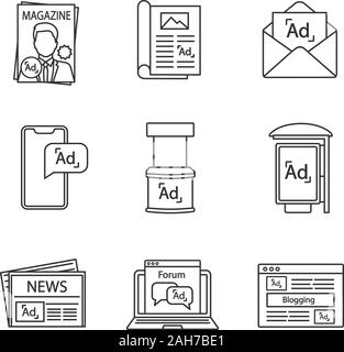 Advertising channels linear icons set. Magazine, article, mail marketing, mobile ads, promo stand, bus stop advertising, newspaper, forum, blogging. I Stock Vector
