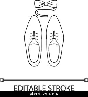 Mens accessories linear icon. Dress code. Thin line illustration. Menswear. Men’s style and fashion. Shoes and tuxedo bow tie. Contour symbol. Vector Stock Vector