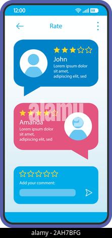 Consumers feedback interface vector template. Mobile app interface blue design layout. Service or application users rating. Flat UI. Phone display wit Stock Vector