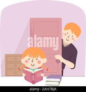 Illustration of a Kid Girl Reading a Book and Studying with Her Father Checking Up on Her from the Door Stock Photo