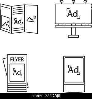 Advertising channels linear icons set. Brochure, billboard, street advertising lightbox. Thin line contour symbols. Isolated vector outline illustrati Stock Vector