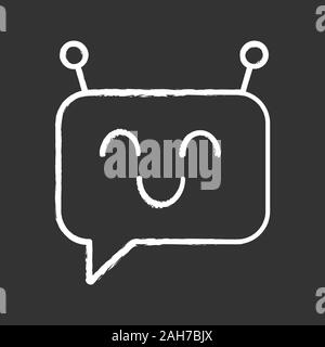 Chatbot message chalk icon. Talkbot. Modern robot. Square head laughing chat bot. Virtual assistant. Conversational agent. Isolated vector chalkboard Stock Vector