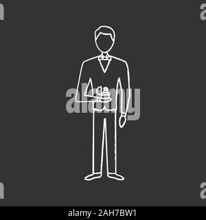 Marriage proposal chalk icon. Man holding box with ring. Fiance, bridegroom. Engagement. Offer of marriage. Wedding. Isolated vector chalkboard illust Stock Vector