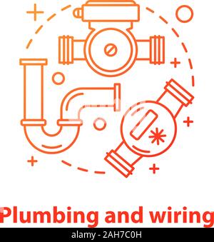 Plumbing and wiring concept icon. Sanitary equipment idea thin line illustration. Water pump, meter, pipe. Vector isolated outline drawing Stock Vector
