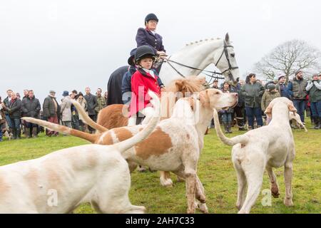 Hagley, Worcestershire, UK. 26th December 2019. 6-year-old Henley Mills on his pony Radish as the Albrighton and Woodland Hunt gathers at Hagley Hall on Boxing Day for its traditional annual meet. Peter Lopeman/Alamy Live News