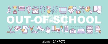 Out-of-school learning word concepts banner. After school activities. Children leisure time. Isolated lettering typography idea with linear icons. Vec Stock Vector