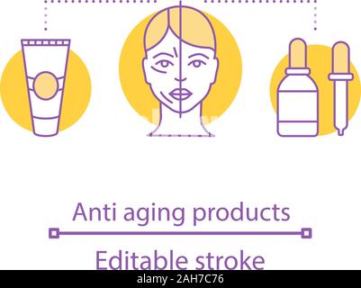 Anti aging products concept icon. Cosmetological procedure. Beauty salon idea thin line illustration. Cosmetology. Cosmetics. Facial care. Vector isol Stock Vector