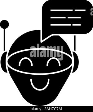 Chatbot message glyph icon. Talkbot. Modern robot. Android laughing chat bot. Virtual assistant. Conversational agent. Silhouette symbol. Negative spa Stock Vector