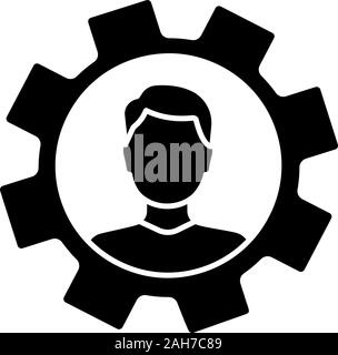 Professional skills glyph icon. Employability skills. Personal development. Self improvement. Cogwheel with person inside. Productivity. Silhouette sy Stock Vector