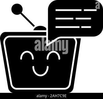 Chatbot message glyph icon. Talkbot. Modern robot. TV laughing chat bot. Virtual assistant. Conversational agent. Silhouette symbol. Negative space. V Stock Vector