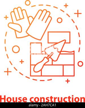 House construction concept icon. Building process idea thin line illustration. Brick wall with triangular shovel and gloves. Vector isolated outline d Stock Vector