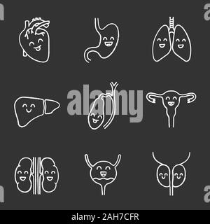 Smiling human internal organs chalk icons set. Respiratory, urinary, reproductive, digestive systems health. Isolated vector chalkboard illustrations Stock Vector