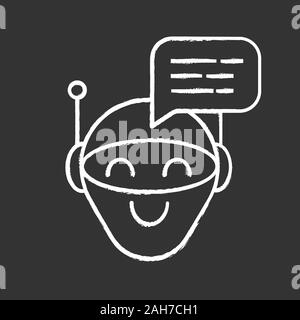 Chatbot message chalk icon. Talkbot. Modern robot. Android laughing chat bot. Virtual assistant. Conversational agent. Isolated vector chalkboard illu Stock Vector