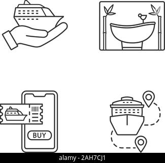 Cruise linear icons set. Travel agency. Summer voyage. Cruise service, spa salon, trip route, online tickets buying. Thin line contour symbols. Isolat Stock Vector