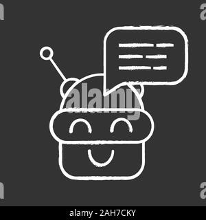 Chatbot message chalk icon. Talkbot. Modern robot. Android laughing chat bot. Virtual assistant. Conversational agent. Isolated vector chalkboard illu Stock Vector