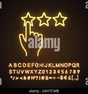 Low rating neon light icon. Negative feedback. Client review. Rating scale click. Ranking. Glowing sign with alphabet, numbers and symbols. Vector iso Stock Vector