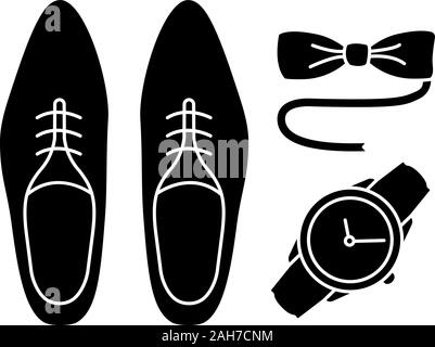 Mens accessories glyph icon. Dress code. Menswear. Men’s style and fashion. Shoes, wristwatch and tuxedo bow tie. Silhouette symbol. Negative space. V Stock Vector