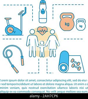 Family fitness concept linear illustration. Gym membership. Healthy lifestyle. Sports center. Article, brochure, magazine page layout with text boxes. Stock Vector