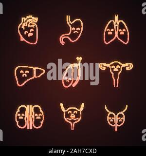 Sad human internal organs neon light icons set. Unhappy kidneys ...