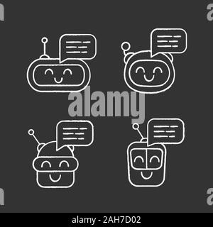 Chatbots messages chalk icons set. Talkbots. Laughing virtual assistants. Conversational agents. Modern robots. Isolated vector chalkboard illustratio Stock Vector