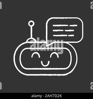 Chatbot message chalk icon. Talkbot. Laughing chat bot. Modern robot. Virtual assistant. Conversational agent. Isolated vector chalkboard illustration Stock Vector