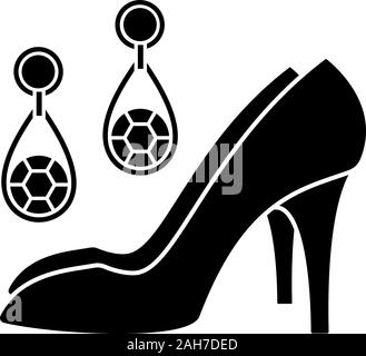 Wedding accessories glyph icon. Women dress code. Earrings and high heel shoes. Wedding agency. Silhouette symbol. Negative space. Vector isolated ill Stock Vector