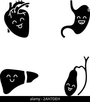 Smiling human internal organs glyph icons set. Happy heart, stomach, liver, gallbladder. Healthy cardiovascular and digestive systems. Silhouette symb Stock Vector