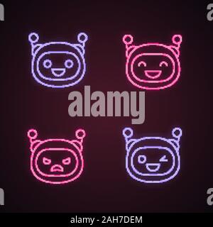 Robot emojis neon light icons set. Chatbot emoticons. Laughing, happy, angry, winky chat bot smileys. Artificial intelligence. Virtual assistant. Glow Stock Vector