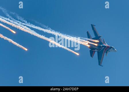 Sukhoi Su-30 jet fighter jets of the Russian Knights aerobatics team performing formation flight during MAKS 2019 airshow, Zhukovsky, Russia. Stock Photo