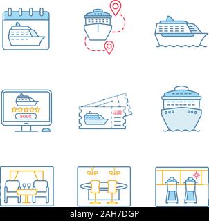 Cruise color icons set. Summer voyage. Cruise departure date, ships, trip routes, casino, treadmills, excursion tickets, restaurant, online booking. I Stock Vector