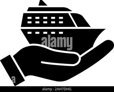 Cruise service glyph icon. Hand holding cruise ship. Shore excursions, tours and travel agency. Voyage, trip planning. Silhouette symbol. Negative spa Stock Vector