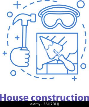 House construction concept icon. Building process idea thin line illustration. Brick wall with triangular shovel and gloves. Vector isolated outline d Stock Vector