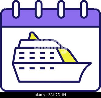 Cruise departure date color icon. Vacation cruise. Calendar page with ship. Summer travel, voyage schedule, timetable. Travel itinerary. Isolated vect Stock Vector