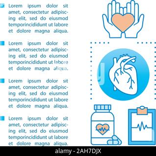 Cardiology article page vector template. Medicine and healthcare. Cardiovascular diseases treatment. Brochure, magazine, booklet design element with t Stock Vector