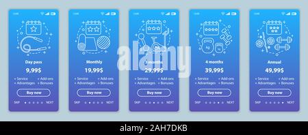 Gym membership onboarding mobile app screens with service prices.  Walkthrough website templates. Health center tariff plans steps. Workout,  fitness tr Stock Vector Image & Art - Alamy