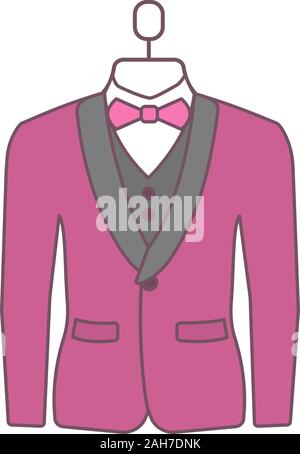 Wedding tuxedo color icon. Jacket with bow tie. Mens formal wear. Menswear. Men’s suit on mannequin. Atelier. Isolated vector illustration Stock Vector