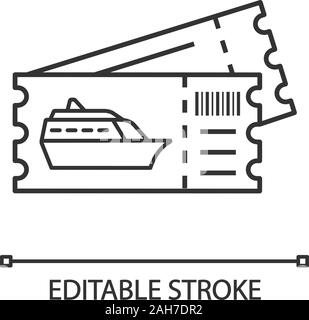Cruise ship tickets linear icon. Shore excursions, tours tickets. Thin line illustration. Ocean liner, boat boarding pass. Contour symbol. Vector isol Stock Vector