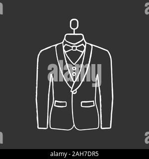 Wedding tuxedo chalk icon. Jacket with bow tie. Mens formal wear. Menswear. Men’s suit on mannequin. Atelier. Isolated vector chalkboard illustration Stock Vector