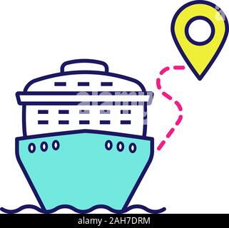 Cruise route color icon. Travel destinations. Cruise liner with map pinpoint. Journey, trip route planner. Travel itinerary. Isolated vector illustrat Stock Vector