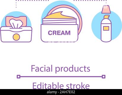 Facial products concept icon. Skincare idea thin line illustration. Face skin care. Cream, concealer, wet wipes. Makeup cosmetics. Vector isolated out Stock Vector