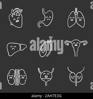 Sad human internal organs chalk icons set. Respiratory, urinary, reproductive, digestive systems diseases. Unhealthy organs. Isolated vector chalkboar Stock Vector