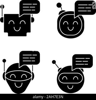 Chatbots messages glyph icons set. Talkbots. Laughing virtual assistants. Conversational agents. Modern robots. Silhouette symbols. Vector isolated il Stock Vector
