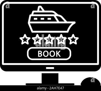 Online cruise booking glyph icon. Internet travel agency rating. Cruise deal searching. Voyage, trip planning. Silhouette symbol. Negative space. Vect Stock Vector