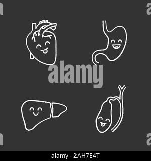 Smiling human internal organs chalk icons set. Happy heart, stomach, liver, gallbladder. Healthy cardiovascular and digestive systems. Isolated vector Stock Vector