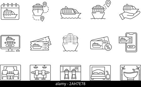 Cruise linear icons set. Services, tickets booking, ships. Summer voyage. Shore excursions, tours, travel agency. Thin line contour symbols. Isolated Stock Vector