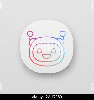 Laughing robot emoji app icon. Happy chatbot smiley with broad smile and open eyes. UI/UX user interface. Chat bot emoticon. Web or mobile application Stock Vector