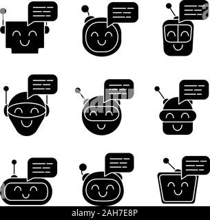 Chatbots messages glyph icons set. Talkbots. Laughing virtual assistants. Conversational agents. Modern robots. Silhouette symbols. Vector isolated il Stock Vector