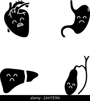 Sad human internal organs glyph icons set. Unhappy heart, stomach, liver, gallbladder. Unhealthy cardiovascular and digestive systems. Silhouette symb Stock Vector