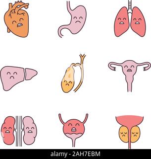 Sad human internal organs color icons set. Unhappy kidneys, urinary ...